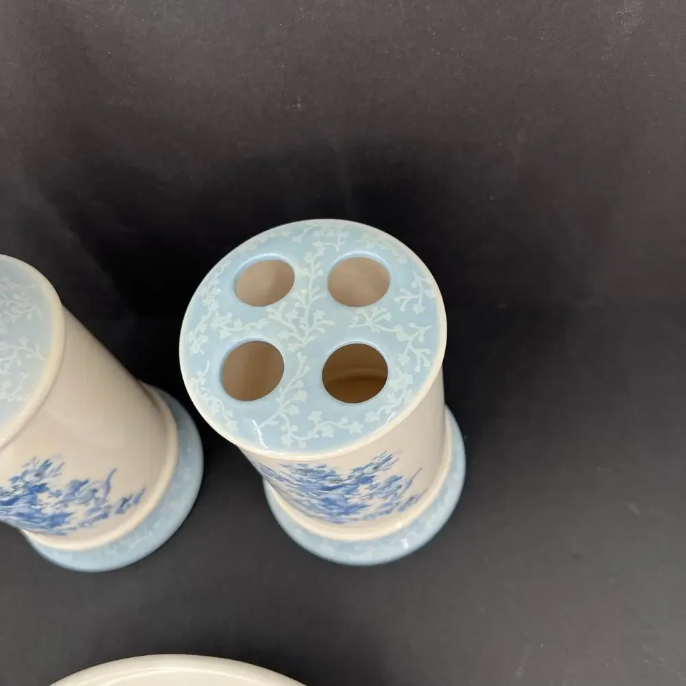 Blue and white floral botanical toothbrush holder dish soap and pump set